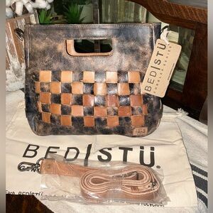 NWT Bed Stu Leather Keiki Crossbody Bag Handbag Black Lux Tan Rustic MSRP $235